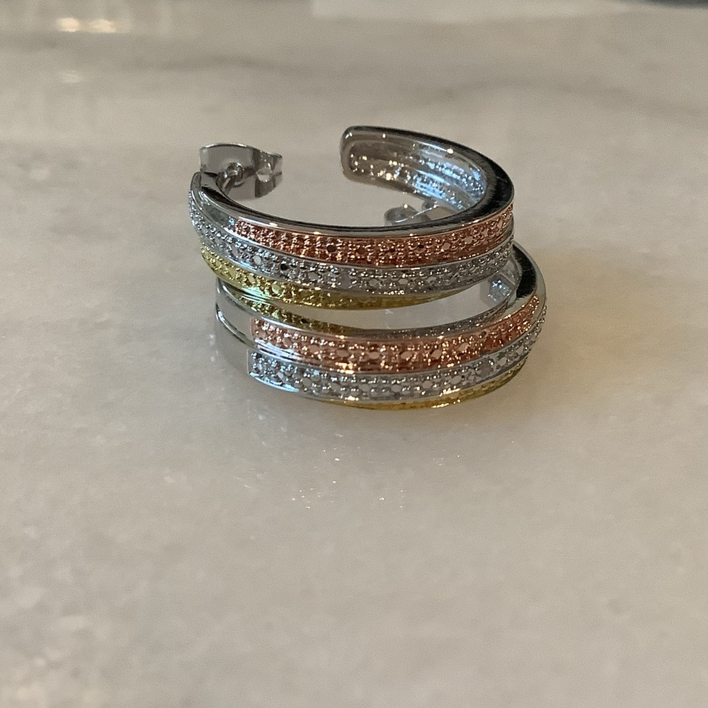 Tri-Tone Multi Plated Diamond Hoop Earrings, Brand New